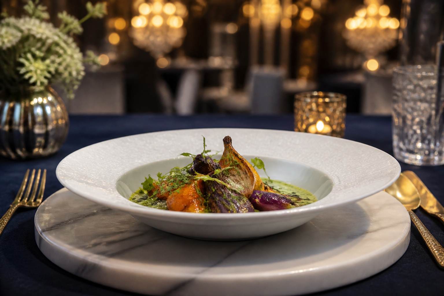 Roasted garden vegetables with herb veloute