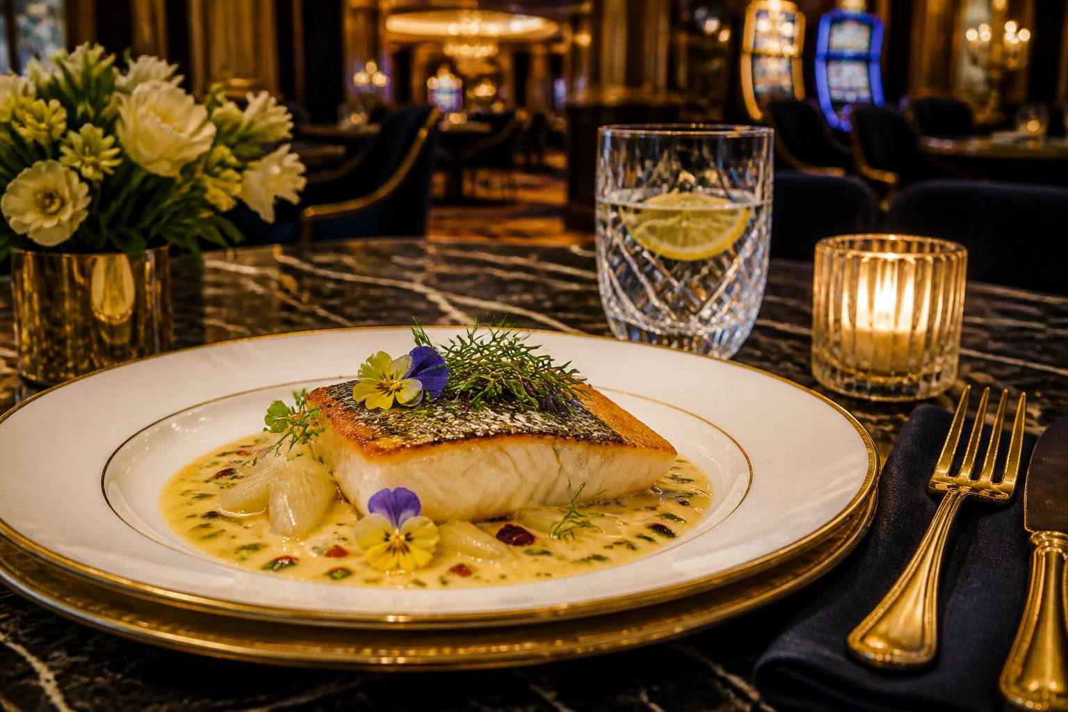 Seared sea bass with citrus and garden herbs