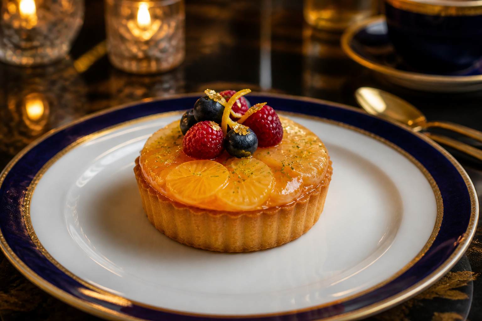 Glazed citrus tart with gold leaf