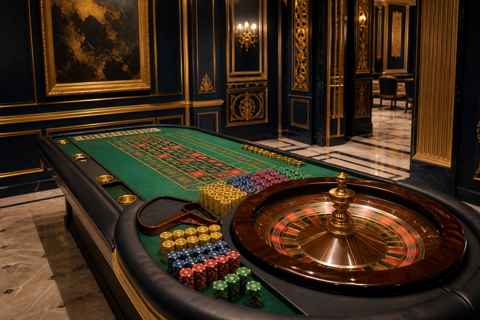 Roulette wheel and gold chips on green felt