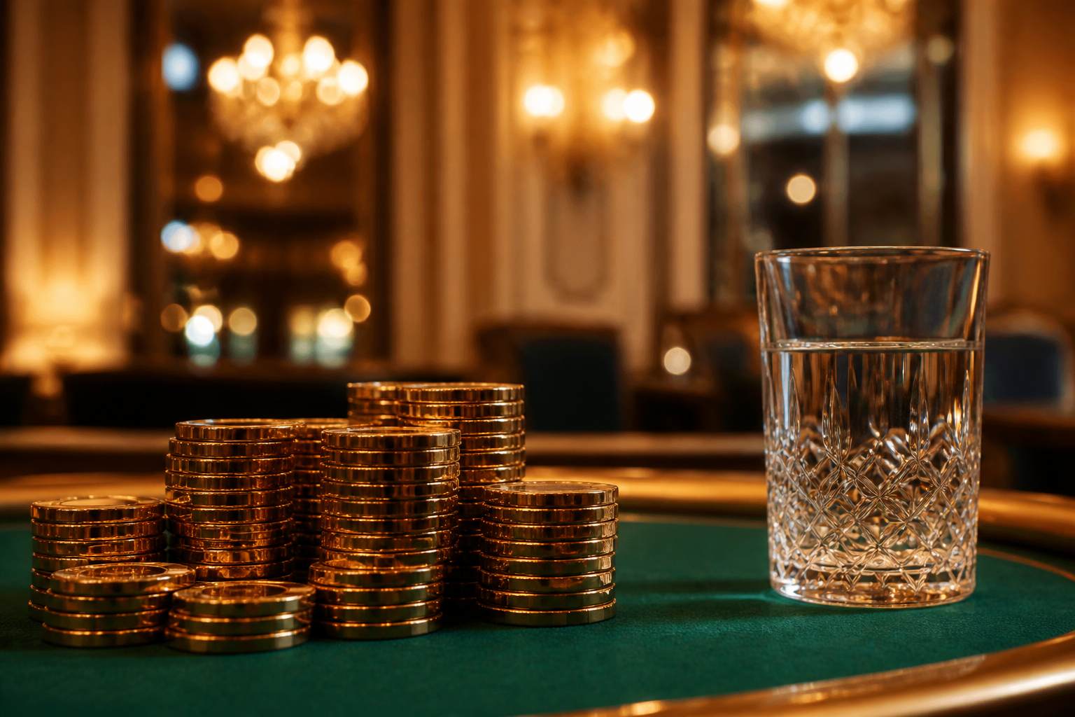 Gold chips stacked on casino felt