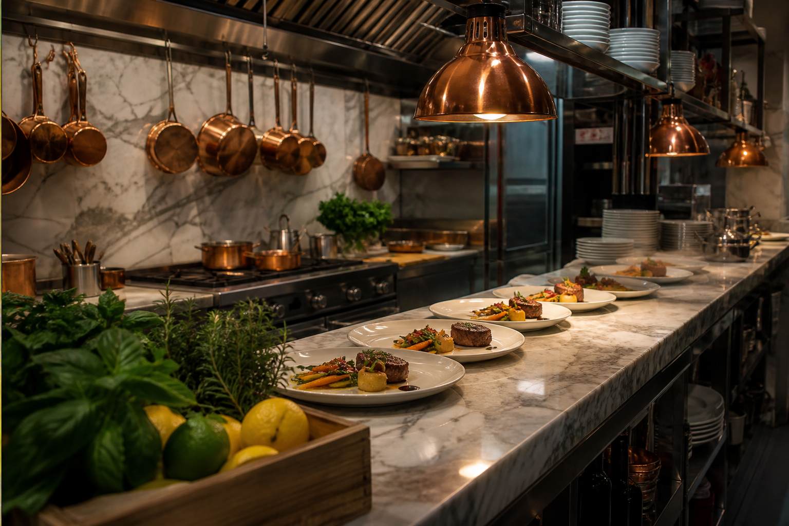 Kitchen pass with plated courses