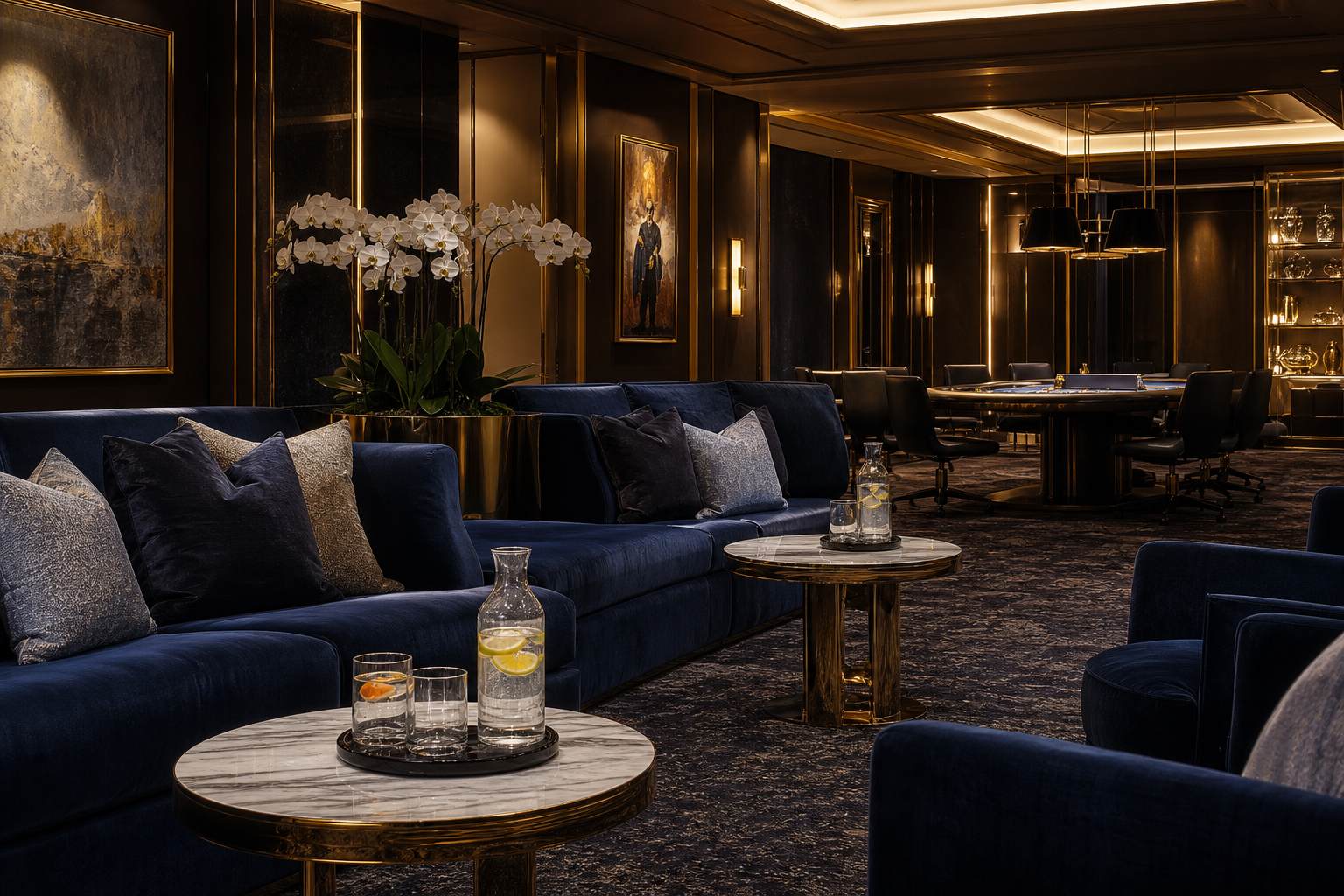 VIP lounge with navy velvet seating